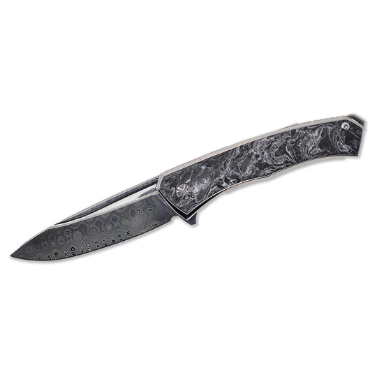 NL Knives Aurum Ultimate Custom Raindrop – ZDI “Elmax” Damascus Folding Knife, Custom Carbon Fiber Handle