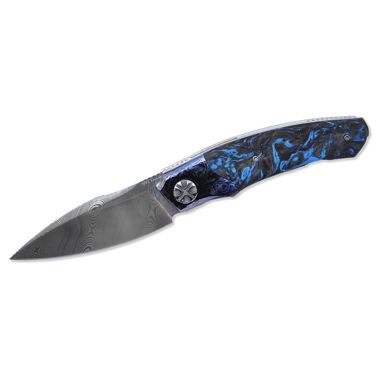 NL Knives Baba Yaga – ZDI “Elmax” Damascus Folding Knife, Blue Chaos MixCarbo and Timascus.