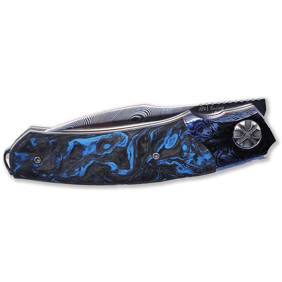 NL Knives Baba Yaga – ZDI “Elmax” Damascus Folding Knife, Blue Chaos MixCarbo and Timascus.