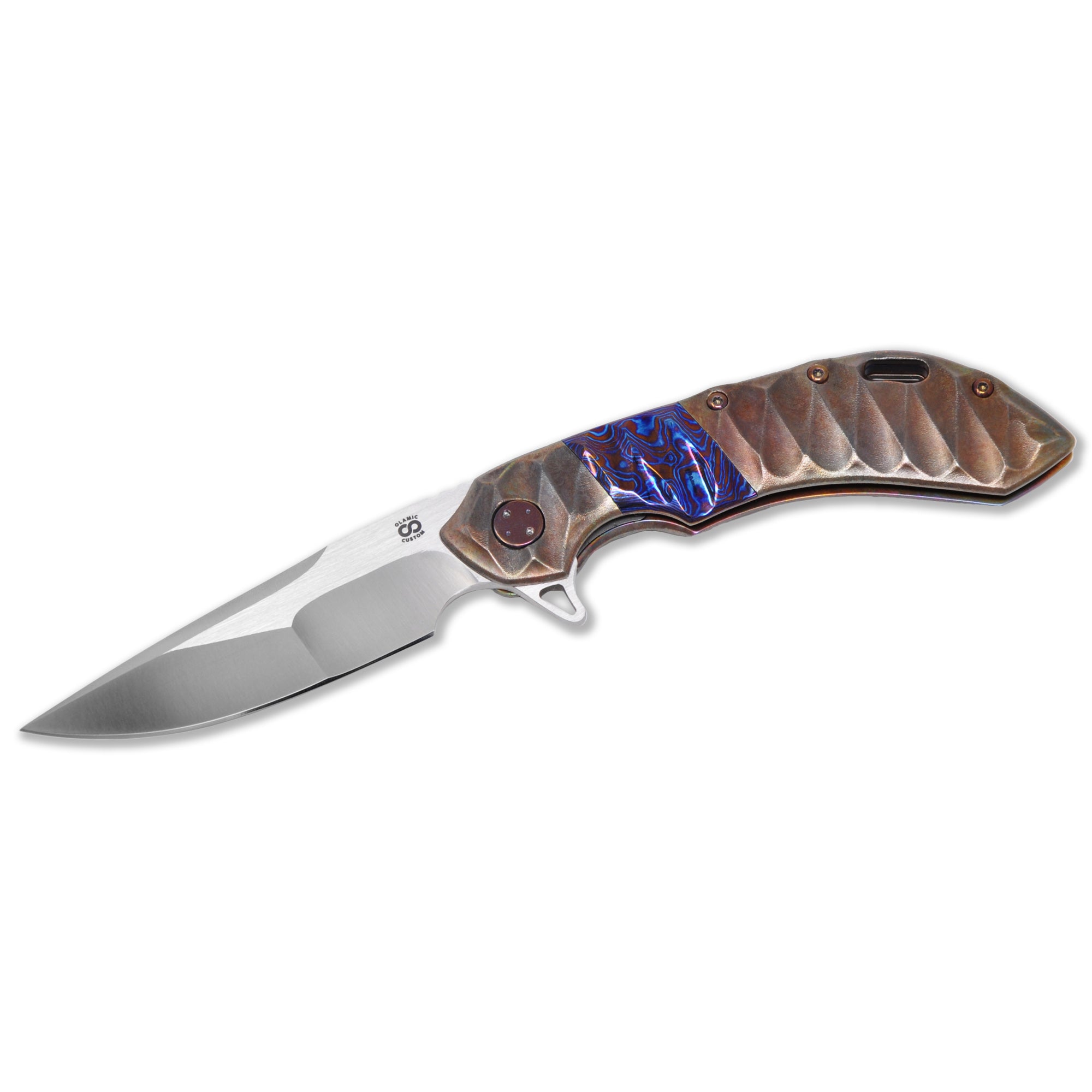 Olamic Wayfarer 247 custom folding knife with CTS-XHP Suna blade and Timascus inlay – front side view