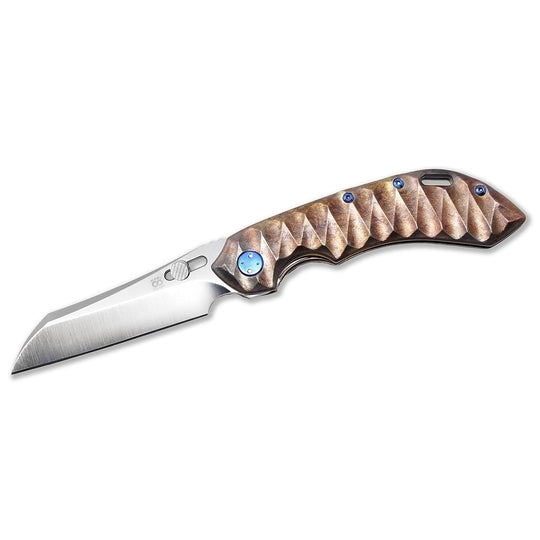 Olamic Wayfarer 247 – S90V Wharning Blade Folding Knife, Scalloped Antique Titanium, Blue Nuggets Backspacer
