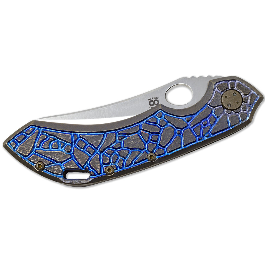Olamic Wayfarer 247 flipper-delete with S90V Mouflon blade and blue Isles titanium handle – open view.