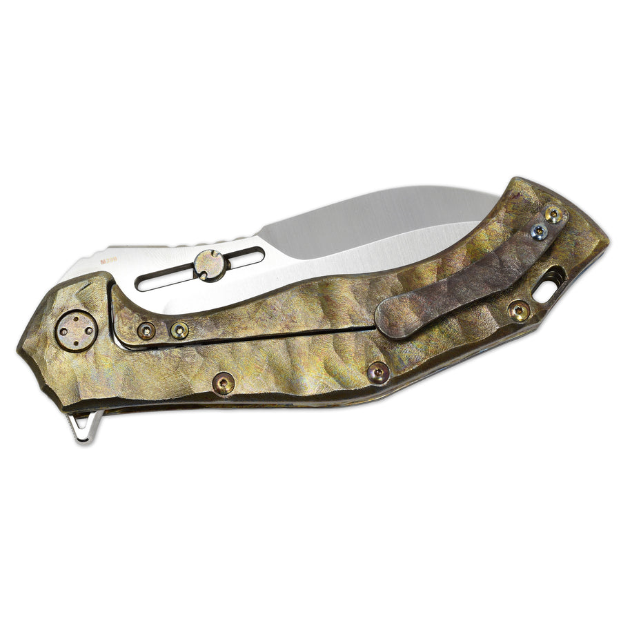 Olamic Soloist custom folding knife with M390 Scout blade and Neontropic Rocks titanium handle – full open view.