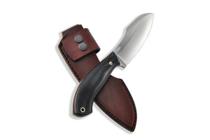 M390 steel, leather sheath, micarta handle