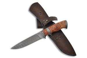 Suna - custom Damascus knife by Olamic Cutlery, with leather sheath